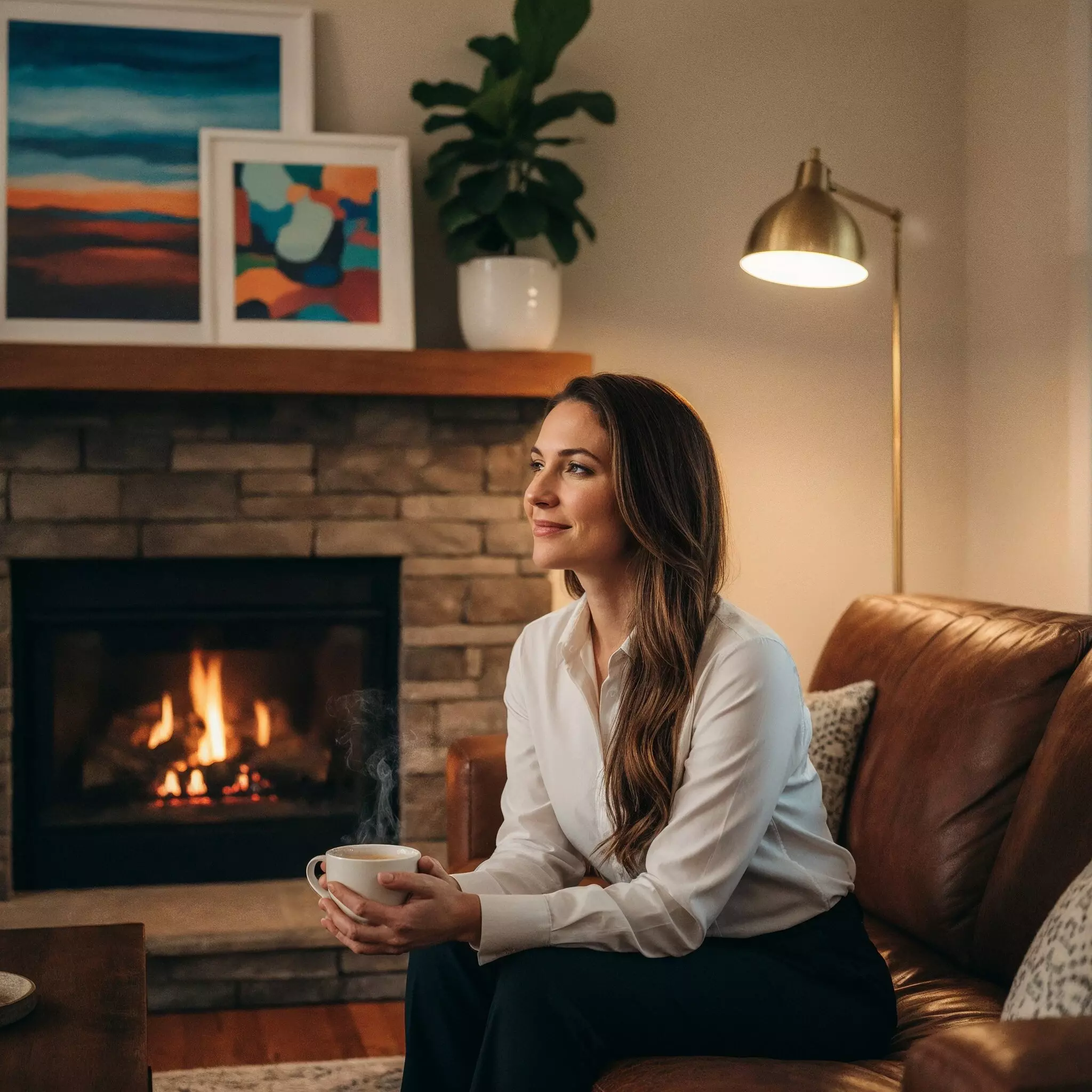 Woman relaxing on a sofa by the fireplace while enjoying a cup of decaf coffee in the evening.