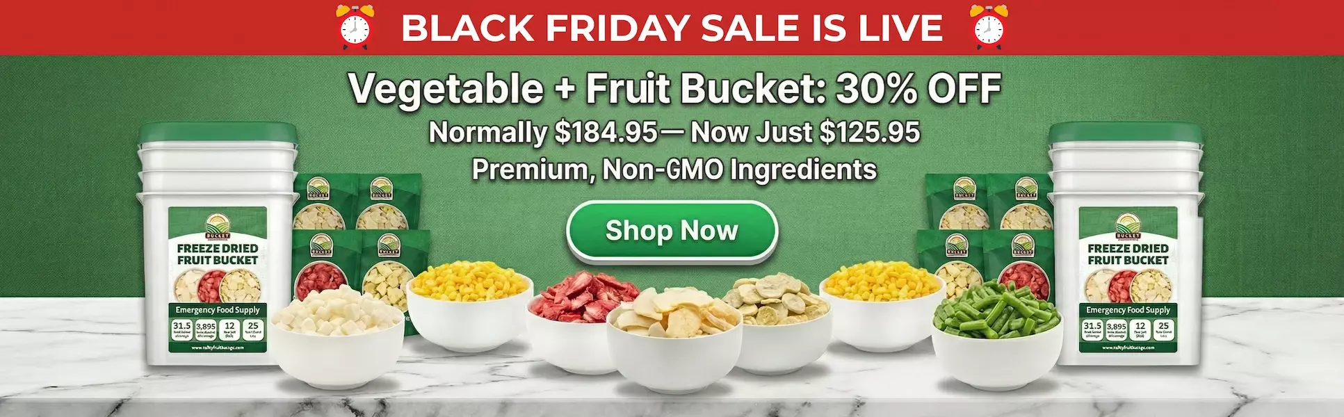 Valley Food Storage freeze-dried fruit and vegetable buckets displayed with assorted prepared servings in a Black Friday promotion banner.
