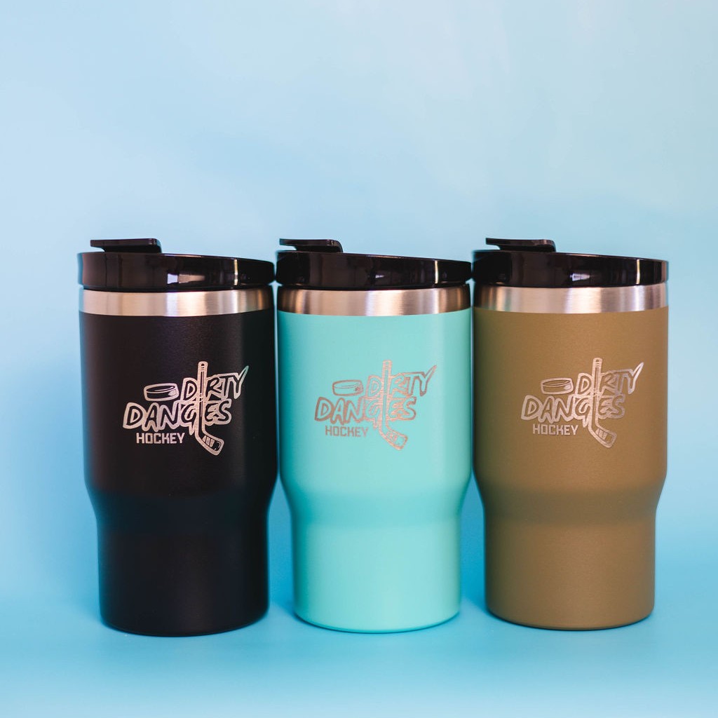 3 Dirty Dangles 2 in 1 insulated drink tumblers on a blue background. Black, Neon blue and Tactical Green