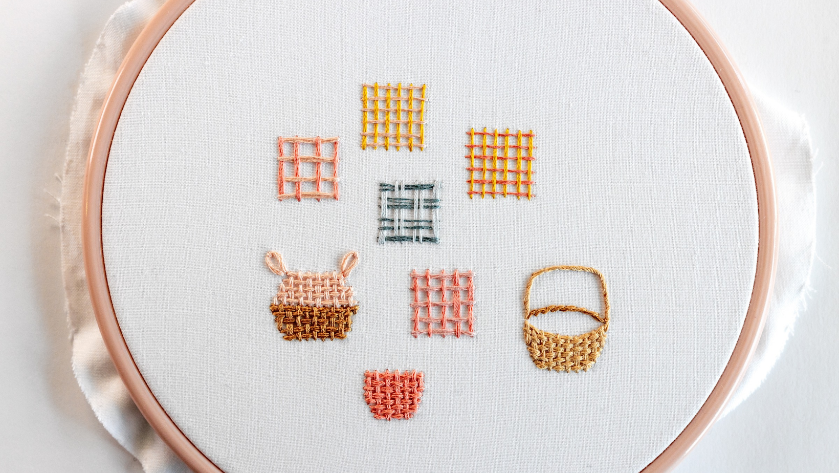 Various shapes filled with weave stitch, showing threads woven over and under in a basket pattern.