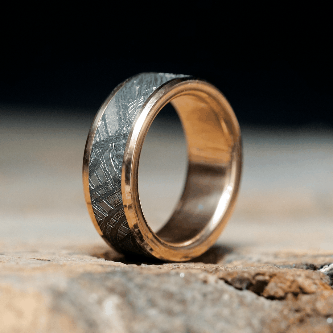 Gold meteorite mens wedding ring space jewelry.