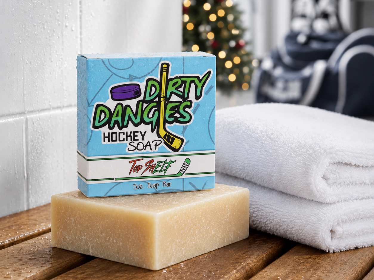 top shelf oatmeal spice christmas hockey soap in a clean locker room with christmas decorations and hockey gear