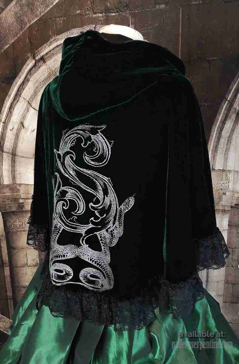 side back view showing baroque S and double snake screen print Slytherin cosplay cape