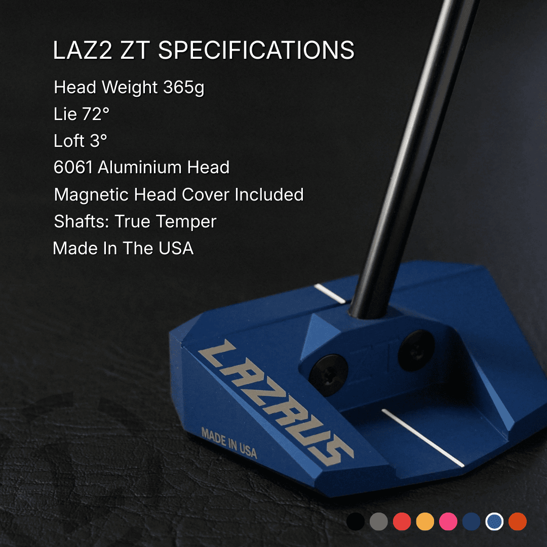 Specifications chart for Lazrus LAZ2 zero torque mallet putter including loft, lie, length and head weight
