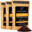 Three 12oz bags of Lone Wolf Coffee’s Half Moon Decaf Medium Roast Drip Ground coffee bag product photo