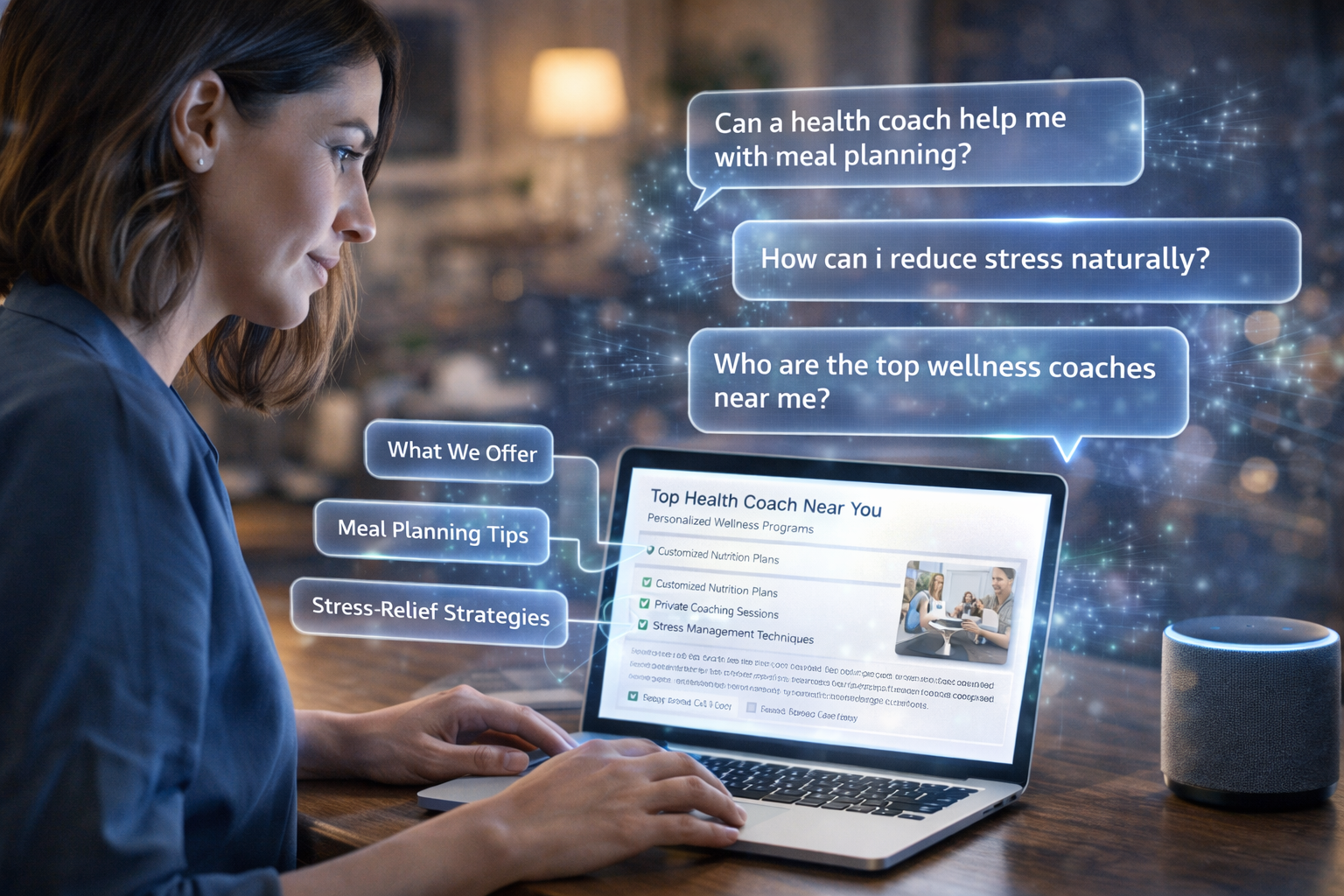 a professional woman working on a laptop in a softly lit home office, with on-screen content clearly structured into services and offerings, and floating conversational search questions around her, illustrating how clear, well-organized content helps AI and search engines understand, trust, and surface a business through both typed and voice-based queries.