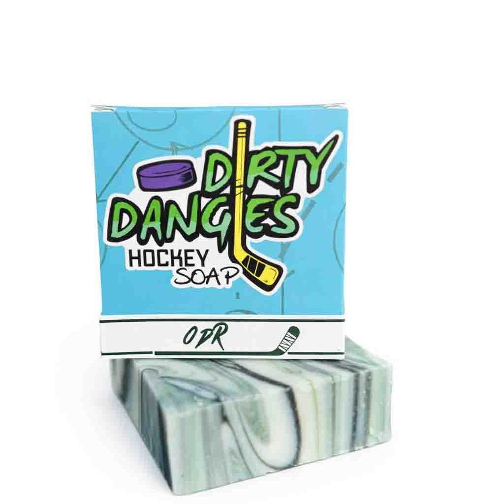 Dirty Dangles ODR hockey soap bar with product box on a white background.