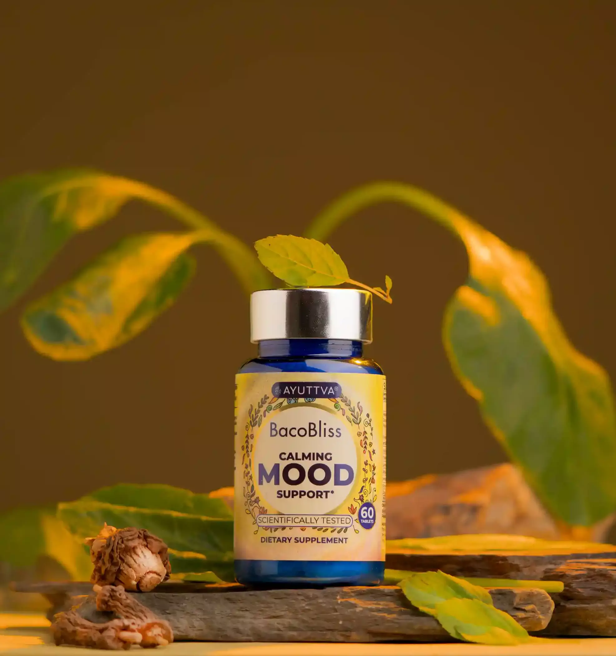 BacoBliss mood health supplement bottle with 90 capsules.