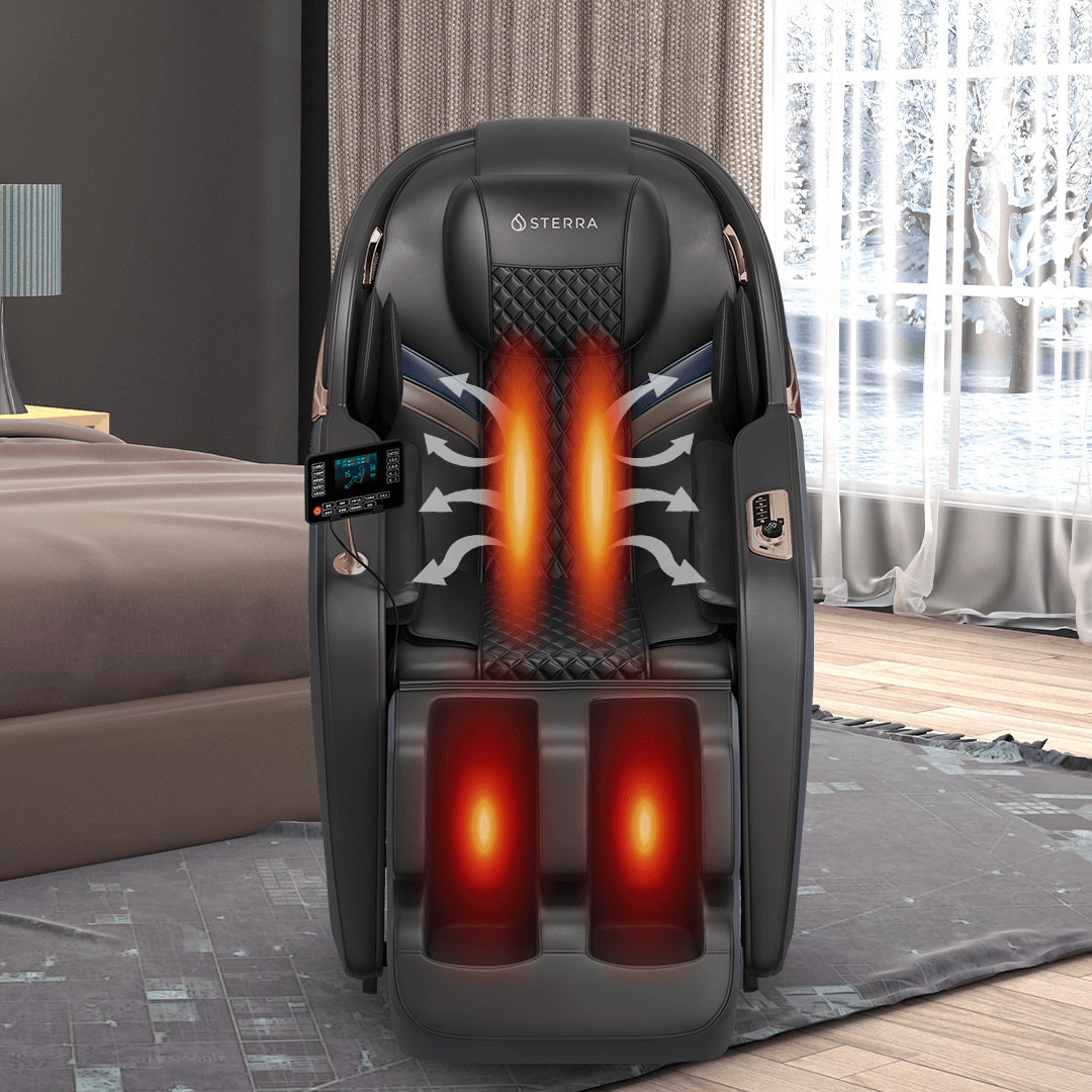 A black massage chair with red LED heating indicators in a modern living room.