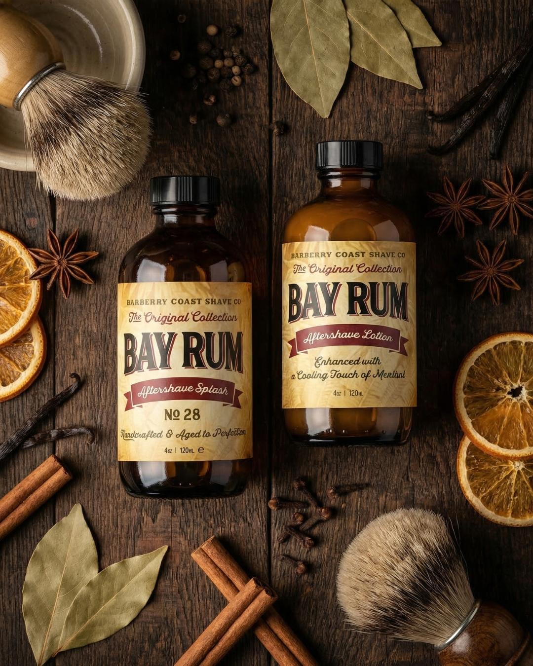 A 100ml glass bottle of Bay Rum Dominican Extract Reserve fragrance by Barberry Coast Fine Fragrances, featuring amber liquid, a gold cap, and a dark green and gold label.