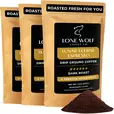 Three 12oz bags of Lone Wolf Coffee’s Lunar Eclipse Espresso Dark Roast Drip Ground coffee bag product photo