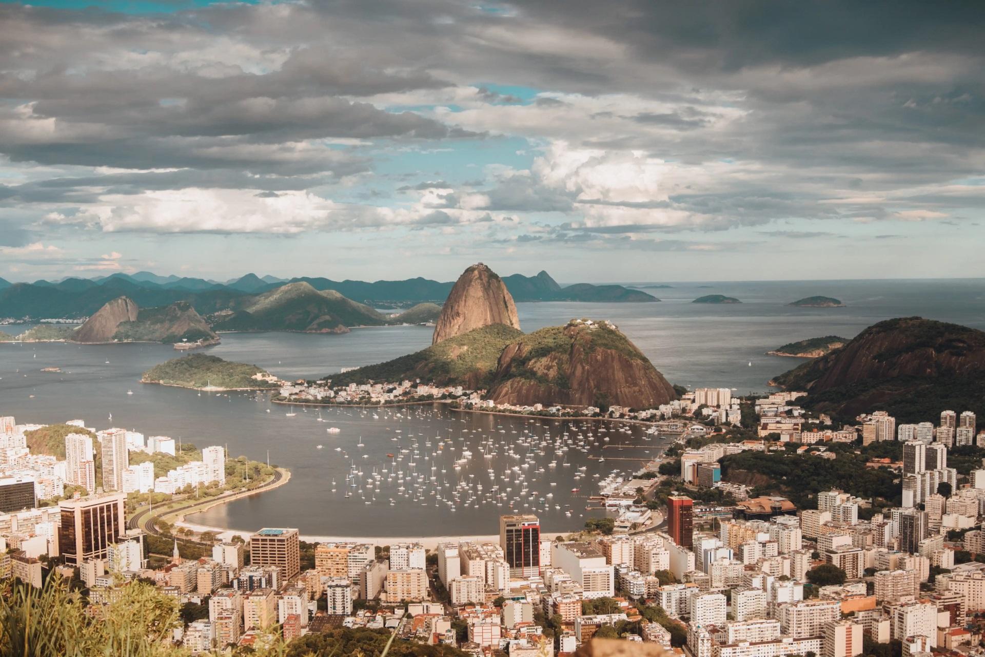 a panoramic view of Sugarloaf Mountain in Rio de Janeiro, Brazil.