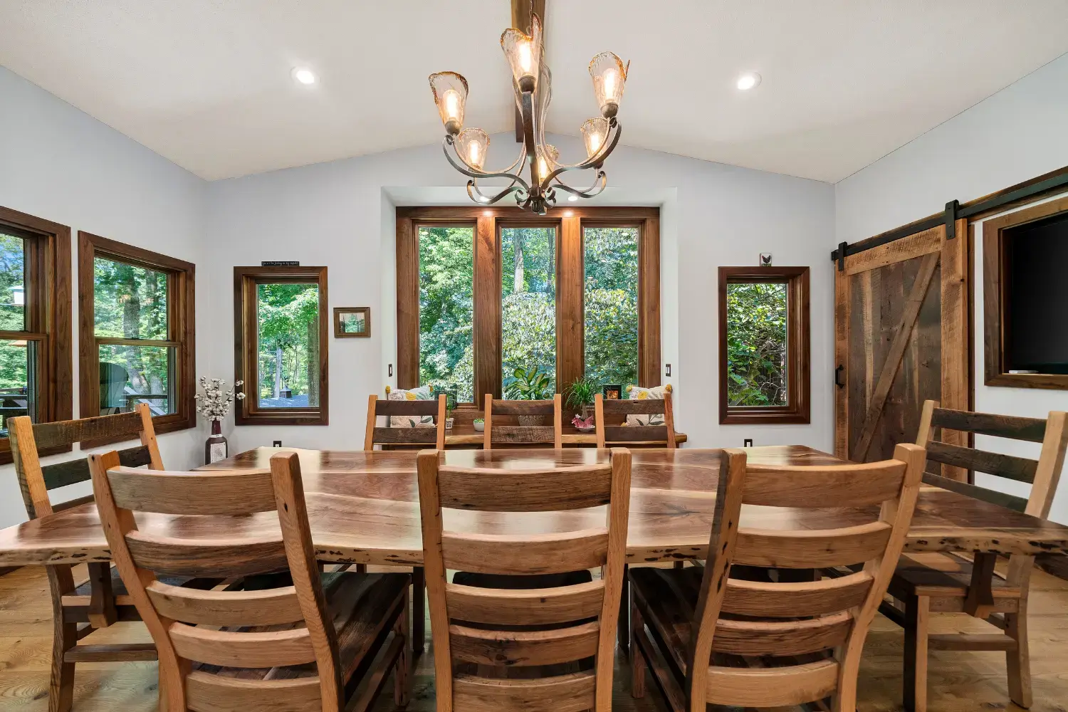 Live edge walnut table with barnwood chairs