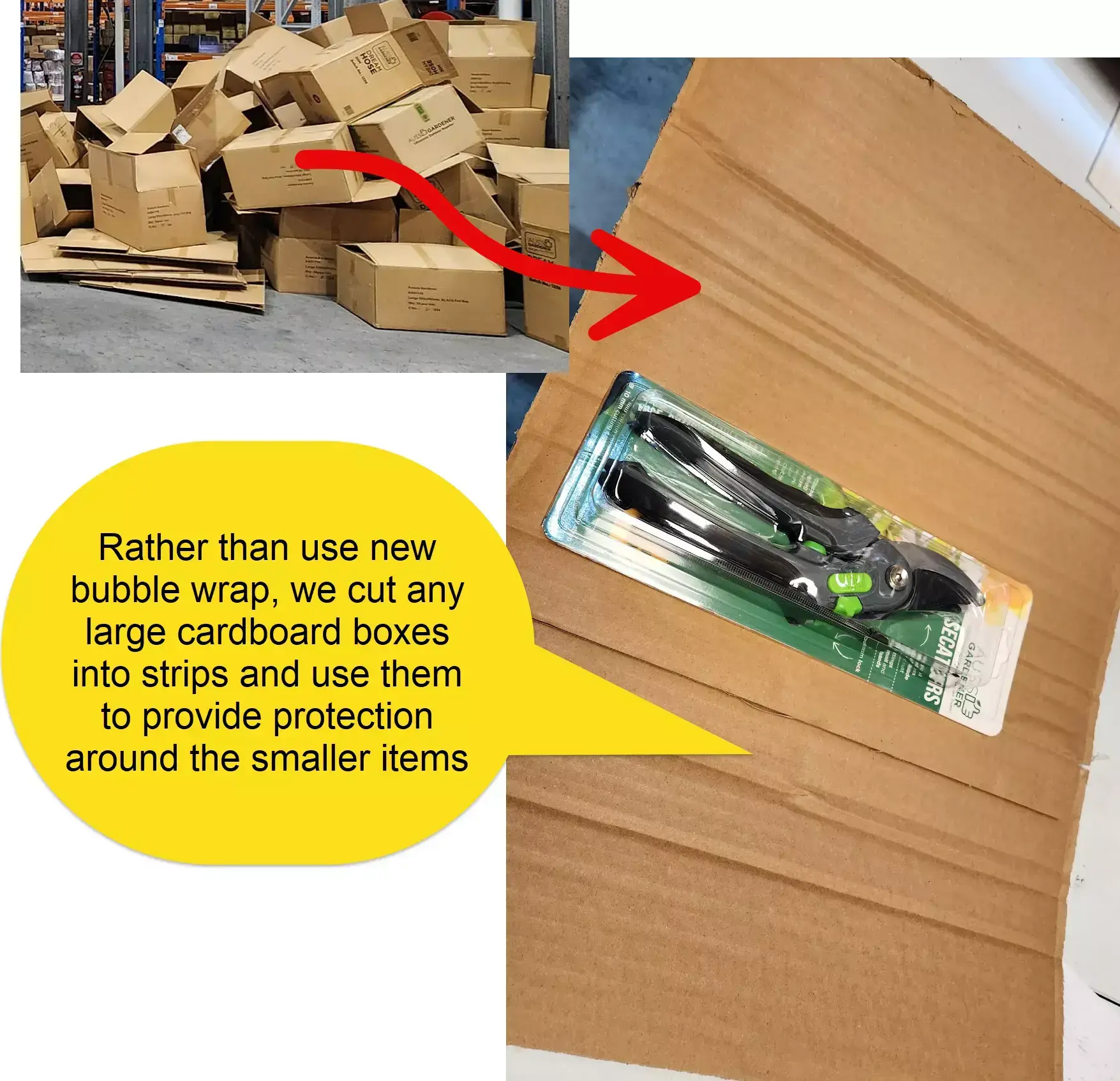 Recycled cardboard packaging used to protect small items instead of bubble wrap.