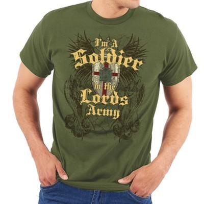 green shirt with shield: I'm a soldier in the Lord's army