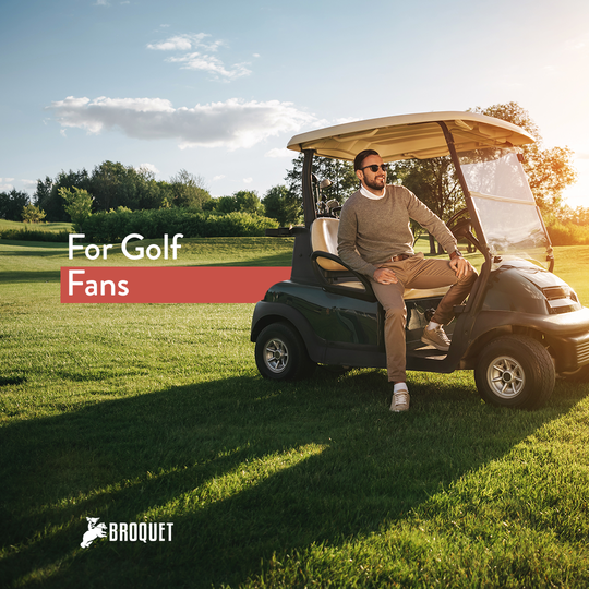 man in a golf cart, broquet logo, text reads: for golf fans