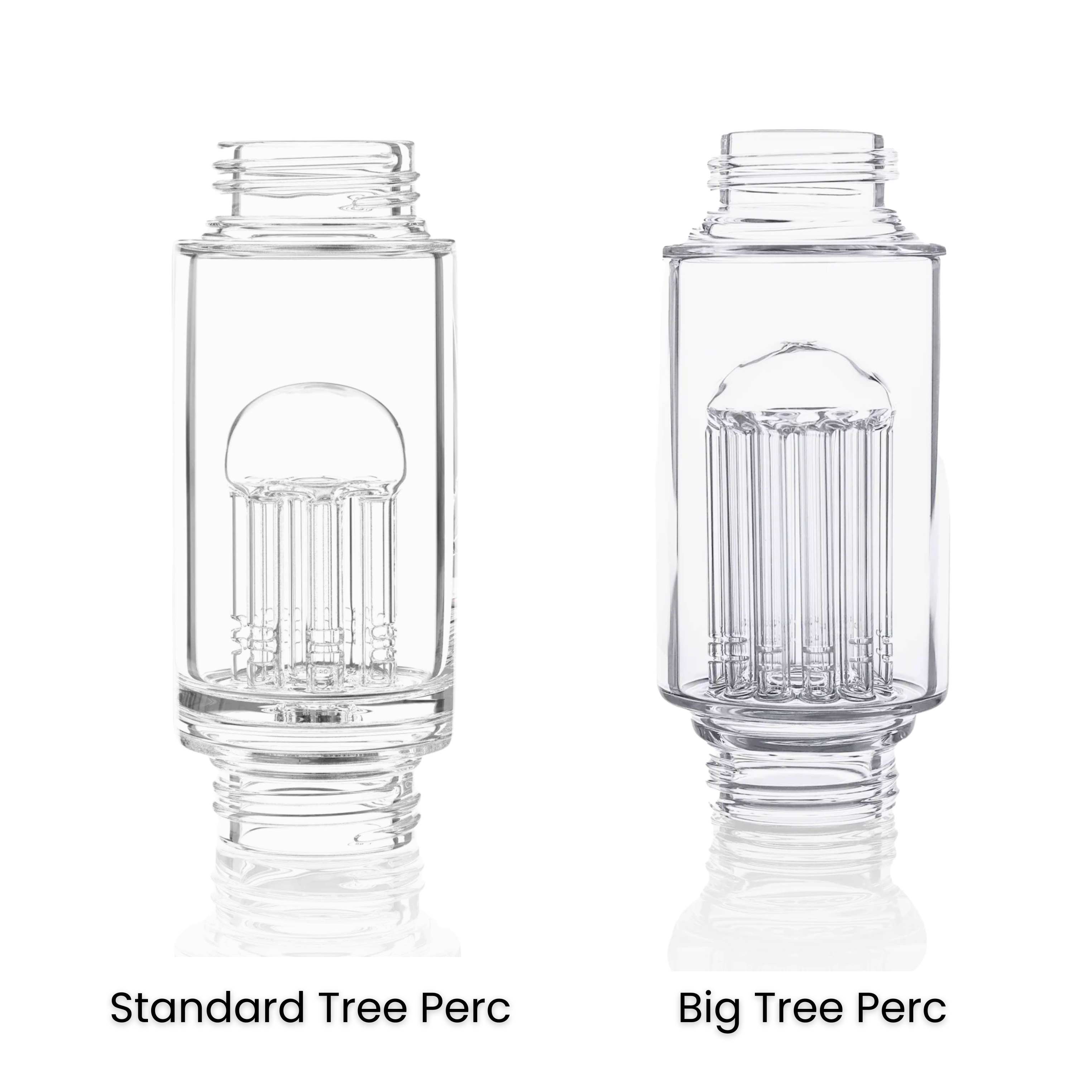 Side-by-side comparison of the Prism Standard Tree Percolator and the Big Tree Percolator in clear glass. The image highlights the difference in arm count between the two modular sections, demonstrating how the Big Tree maximizes surface area for increased smoke filtration and cooler hits.