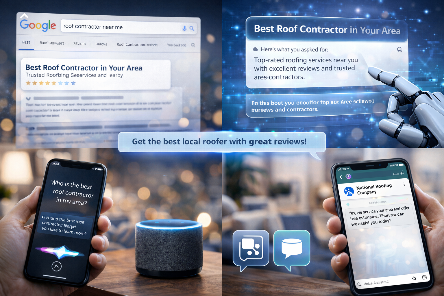 a business appearing across multiple discovery channels, including a Google search result with a featured snippet, an AI-generated search summary, a smartphone using a voice assistant, a smart speaker responding to a spoken query, and a chat-based conversation interface, illustrating how brands gain visibility through search, AI recommendations, voice search, and conversational platforms.