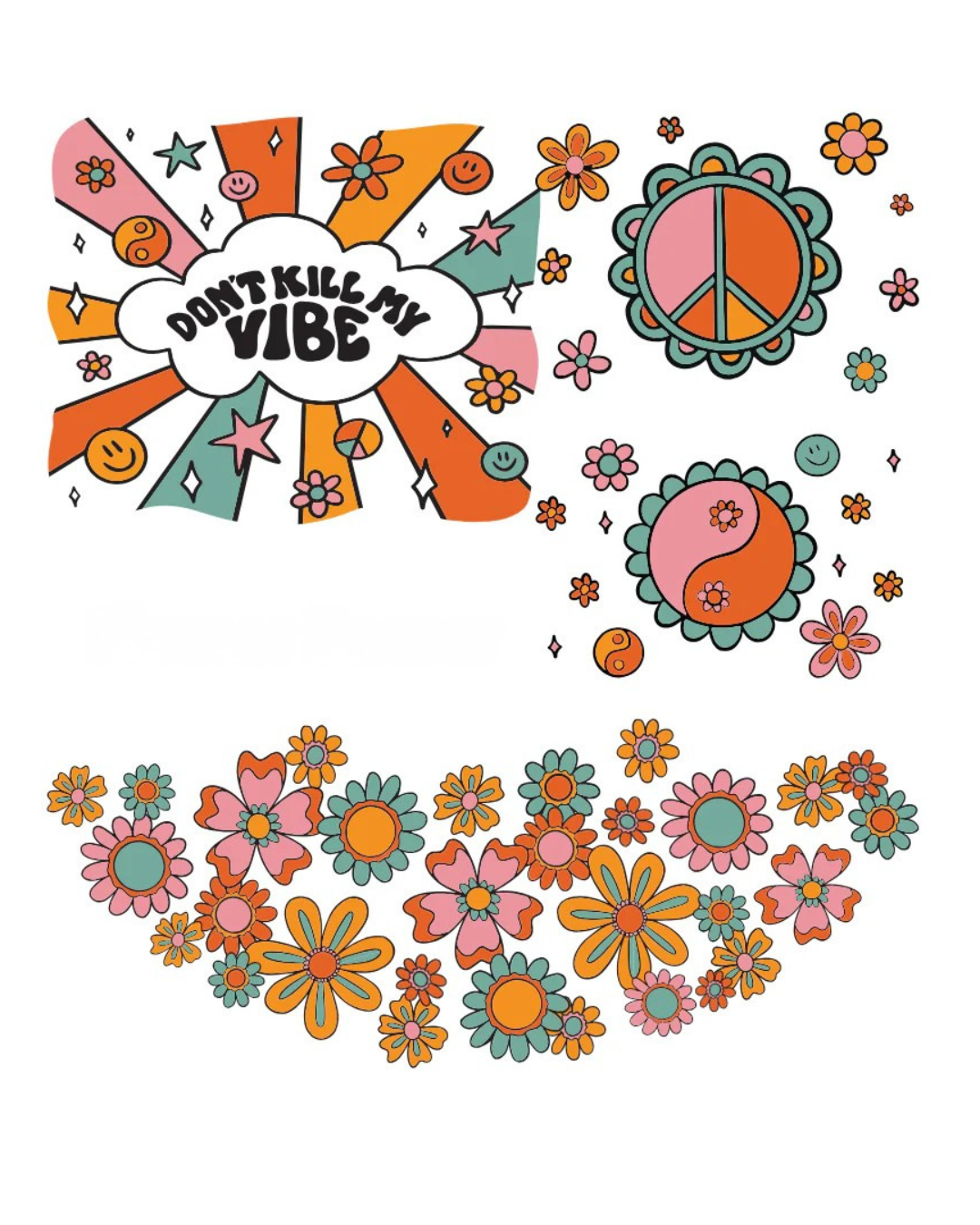 A clear illustration of the Prism Flower Power decal collection, showcasing the retro floral artwork available for custom modular glass bongs.