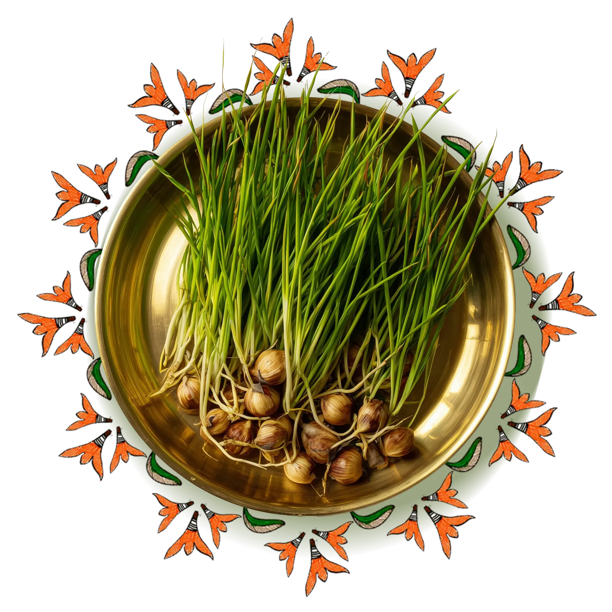 A bowl of nut grass surrounded by floral artworks