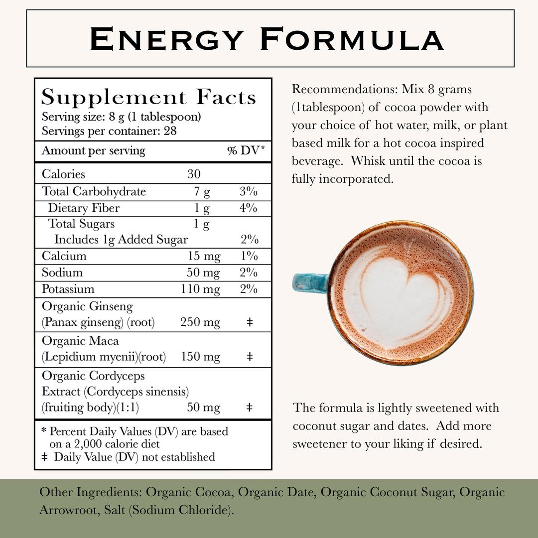 Energy cocoa formula Ingredients: total carbohydrate 7 grams, total sugars 1 gram, calcium 15mg, sodium 50mg, potassium 110mg, organic ginseng 250mg, organic maca 150mg, organic cordyceps 50mg. Otheringredients: organic cocoa, organic date, organic cocoa sugar, organic arrowroot, salt (sodium chloride).