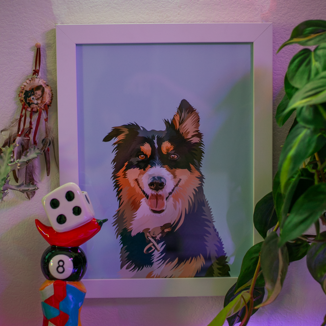 Dog with a CC Hand- Illustrated Art on a Picture Frame