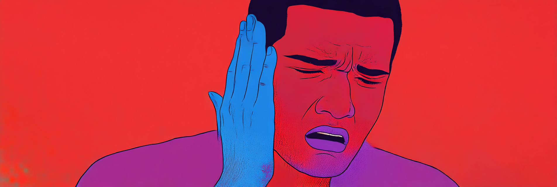 A man covering his ear in pain from an infection from wearing earplugs to sleep.