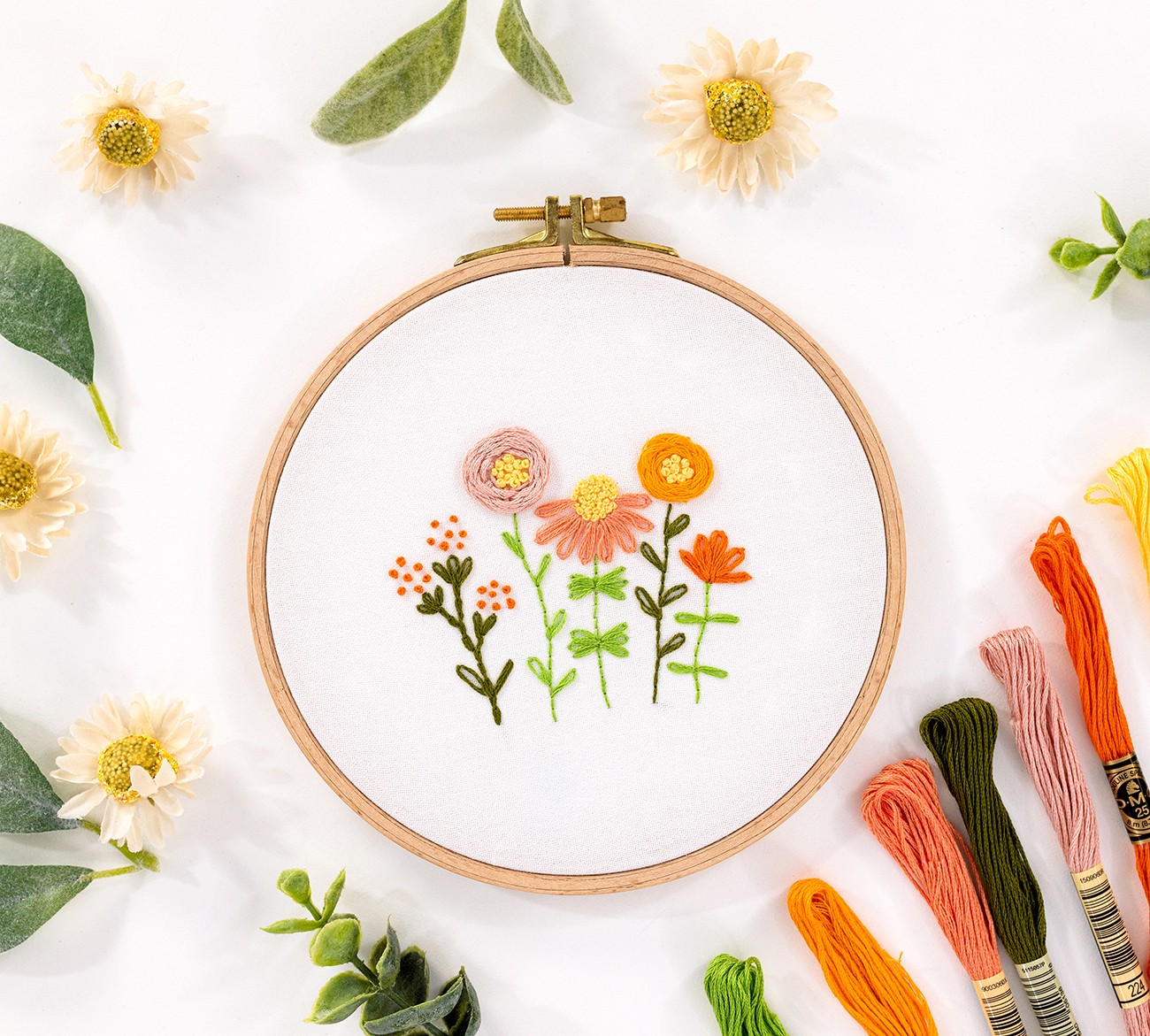 This is an image of the pattern 'Little Wildflower Meadow,' which uses chain stitch to make up the stalk for one of the flowers.