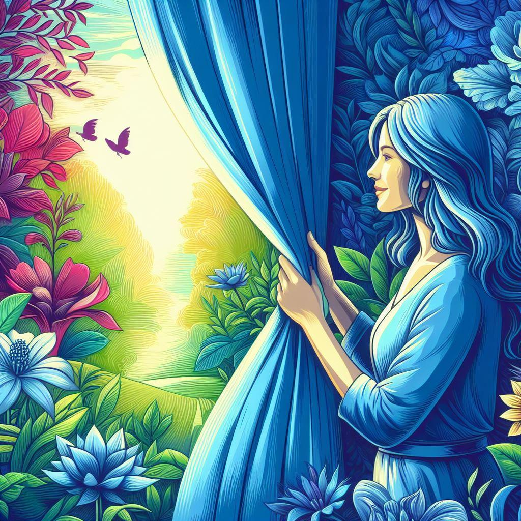 A woman opens the curtain, revealing a world full of nature.