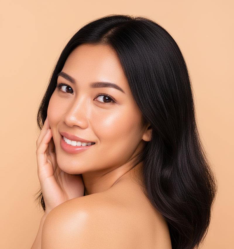 Smiling woman with glowing skin and her hand resting on her cheek, looking upward with a serene expression.