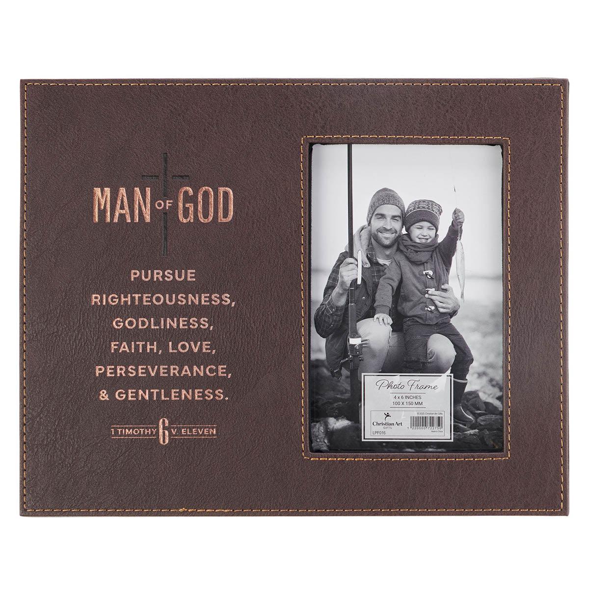 Man of God brown faux leather photo frame with Scripture panel and photo opening