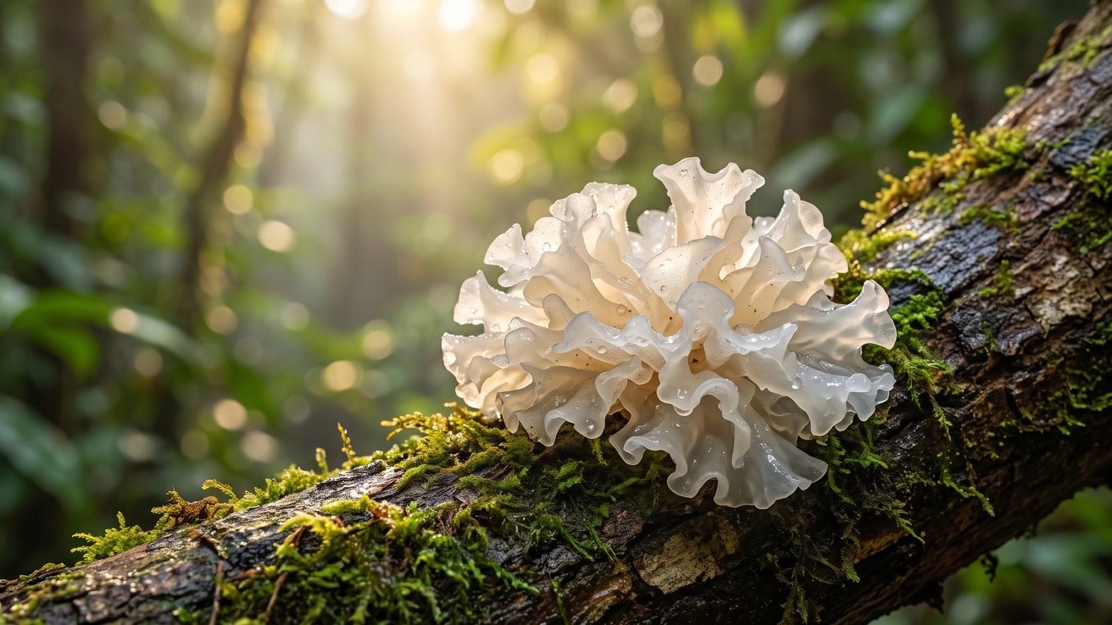 Snow-white tremella mushroom growing on a mossy hardwood branch in the forest