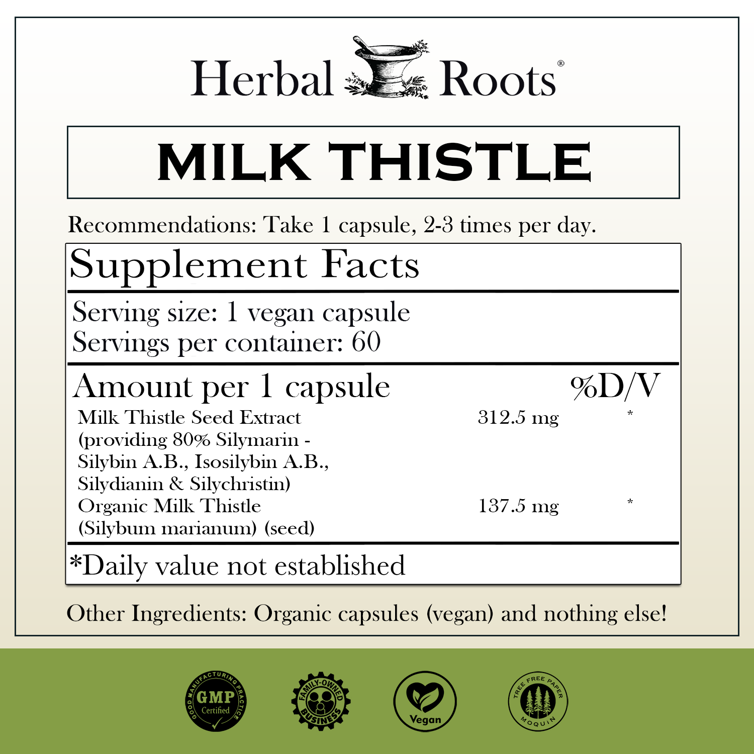 Herbal Roots Milk Thistle Supplement Facts