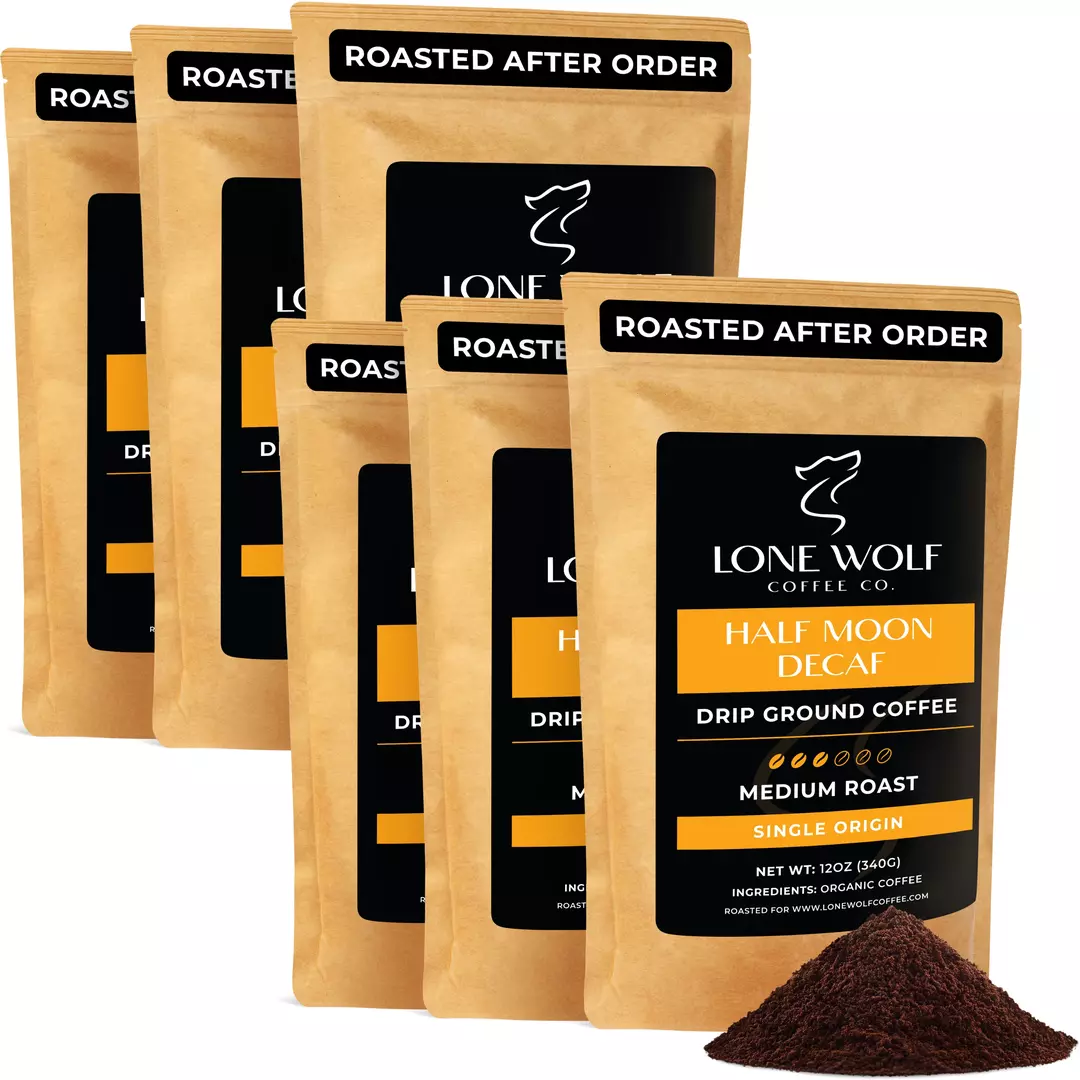 Six 12oz bags of Lone Wolf Coffee’s Half Moon Decaf Medium Roast Drip Ground coffee bag product photo