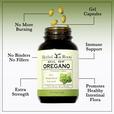 A bottle of Herbal Roots Oil of Oregano with 4 gel caps coming out of the top of the bottle. There are lines going from text to the bottle or capsules. The texts say No more burning, gel capsules, no binders no fillers, extra strength, Immune support and Promotes Healthy Intestinal Flora
