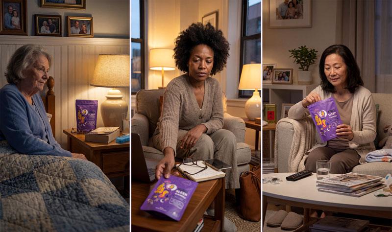 Different women at home using sleep gummies as part of their evening routine
