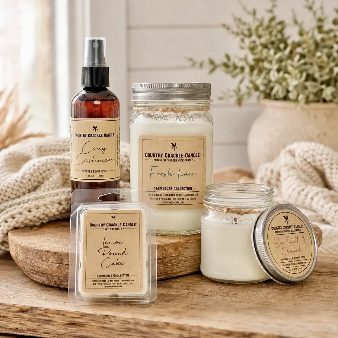 farmhouse collection group of products: large soy candle, small soy candle, soy wax melt, scented room spray. Modern farmhouse interior shot.