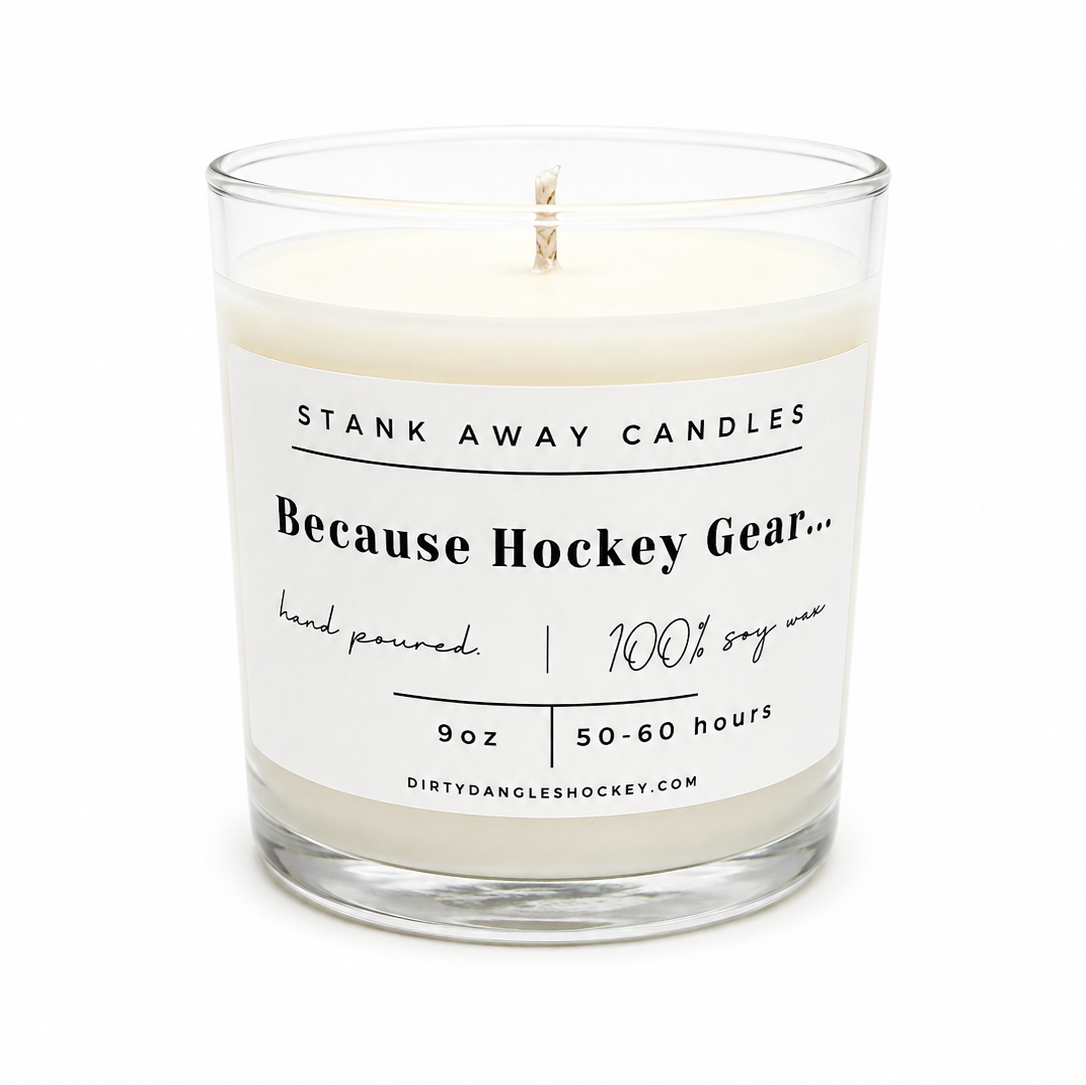 A white scented hockey candle on a white background. Because Hockey Gear