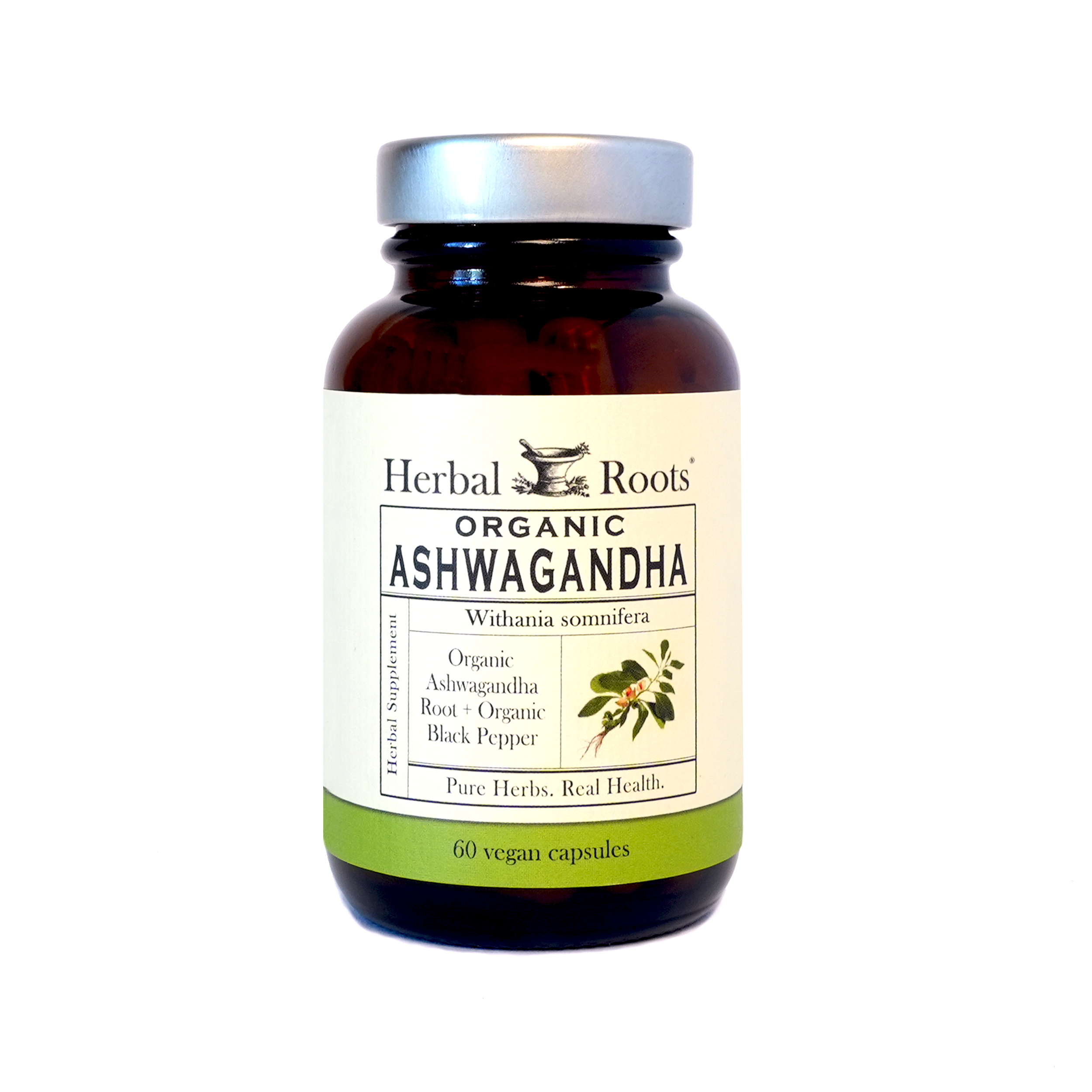 Amber Bottle and silver lid with matching white and green label. Black and white Herbal Roots logo with illustration of a mortar and pestle with herbs on top and sides. The text says, "Organic Ashwagandha .” The fronts of the labels say, "Withania somnifera, Organic Ashwagandha root and Organic black pepper. Pure Herbs. Real Health. Herbal Supplement and 60 Vegan Capsules." An image of Ashwagandha root is on the label.