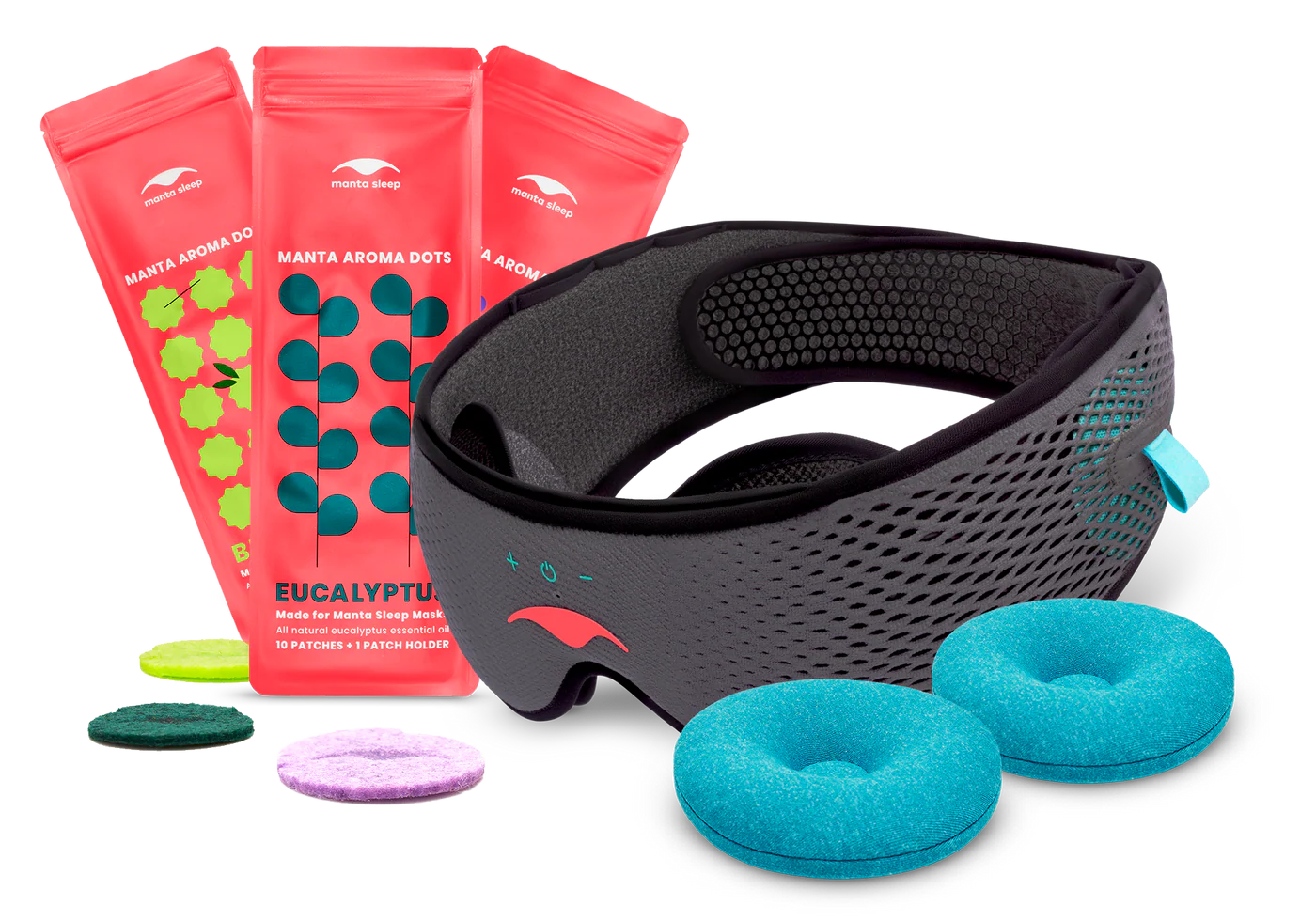 A gray mesh Bluetooth® sleep mask with blue cooling eye cups and three packs of aromatherapy dots.