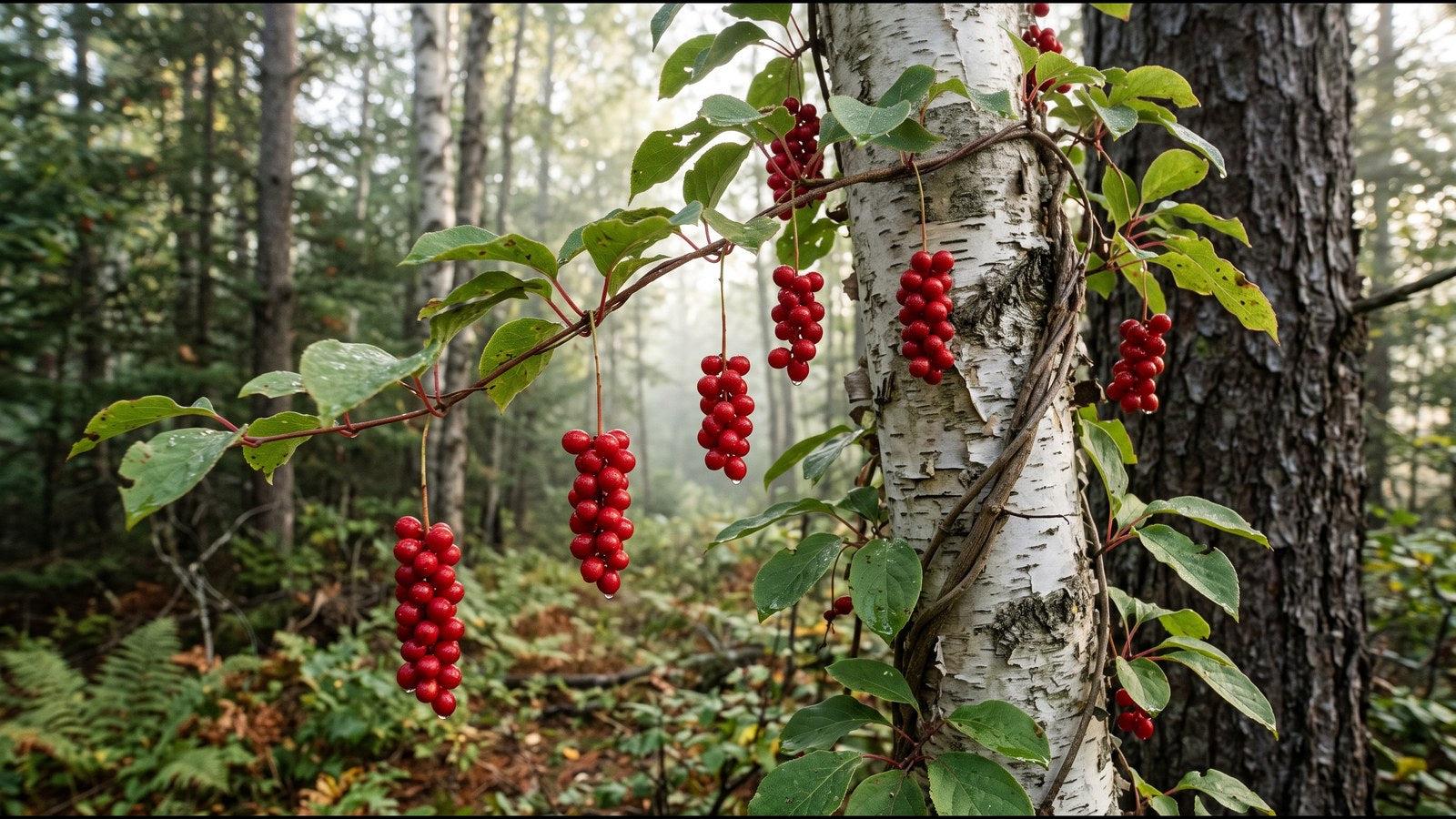 Clusters of red schizandra berries growing on the vine in a forest in northern China