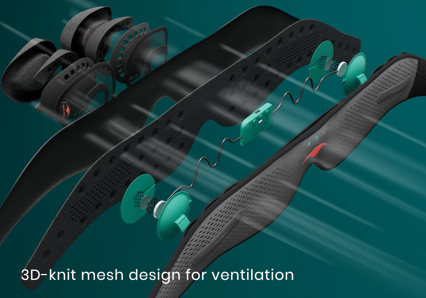 Parts of a gray Bluetooth® sleep mask with air blowing through them.
