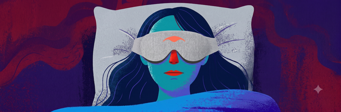 Person lying peacefully in bed wearing a Manta Sleep Mask — editorial illustration for an article on what is revenge bedtime procrastination.