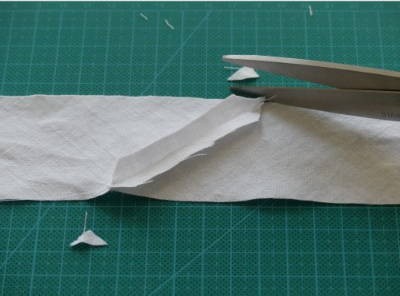 Cutting the little "ears" or overhangs off the the sewn strips of Bias Tape Binding