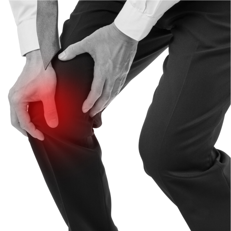 Man's knee highlighted red to indicate pain or soreness