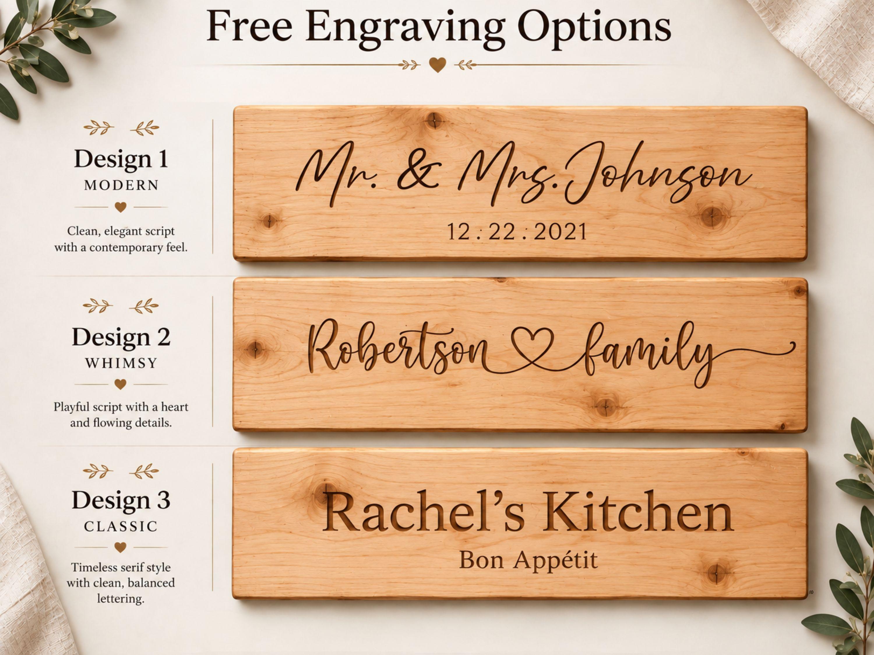 Three engraving style options for personalized live edge maple charcuterie boards