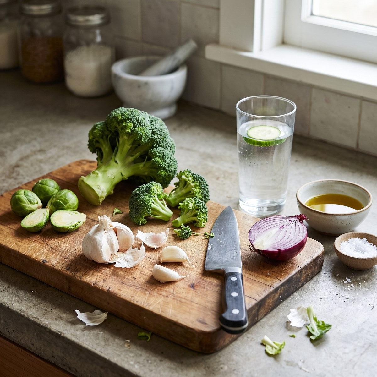 Cutting board with broccoli, garlic, red onion and brussels sprouts beside a glass of water