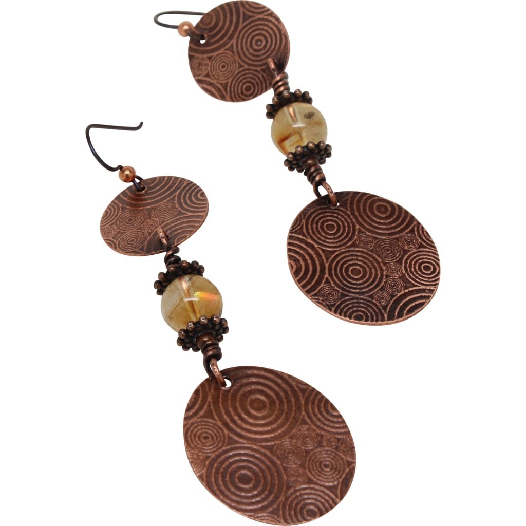 Etched Copper Dangle Earrings with Opal Accents by Junebug Jewelry Designs