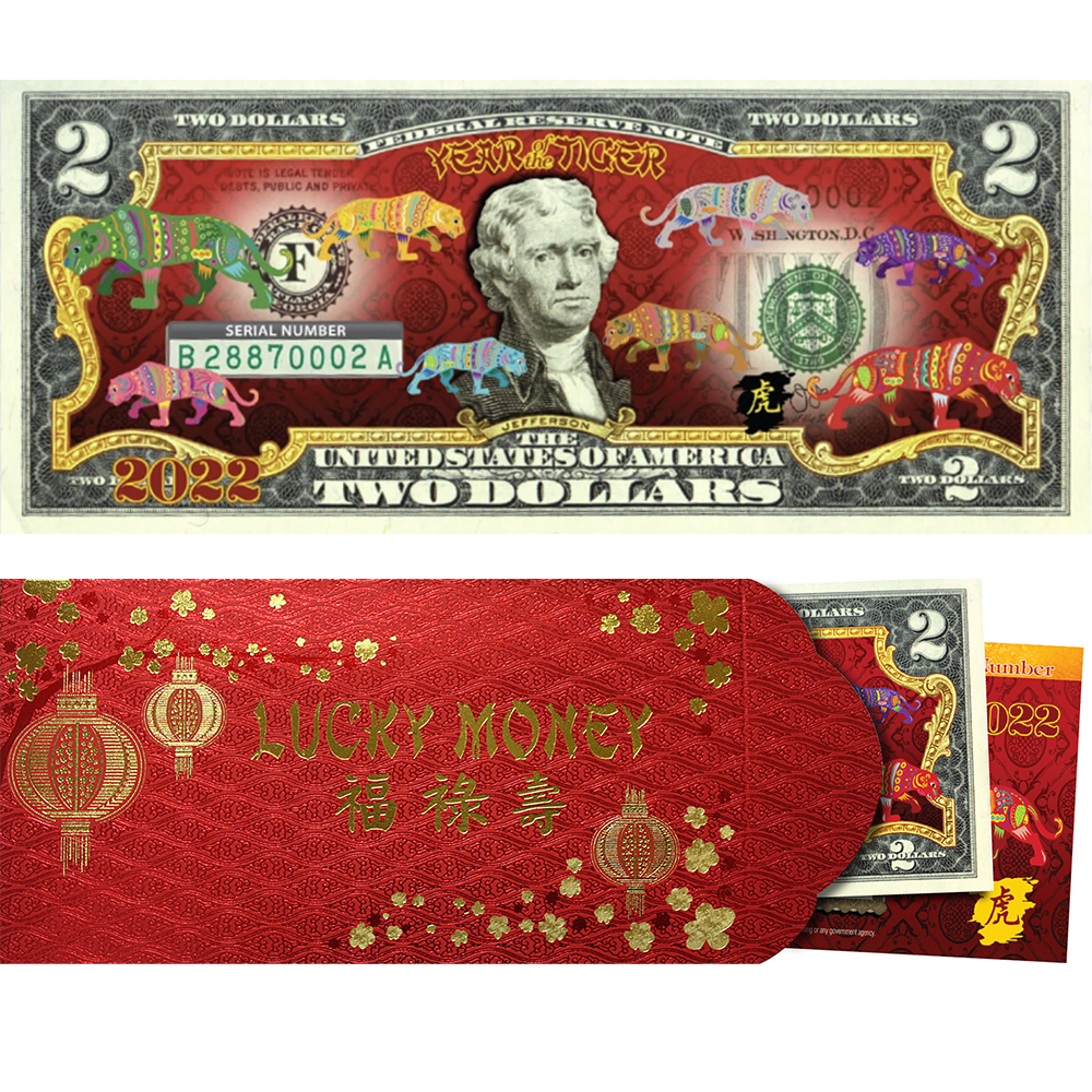 2022 Chinese New Year * YEAR OF THE TIGER * POLYCHROMATIC 8 COLORIZED TIGERS U.S. $2 BILL Red Envelope