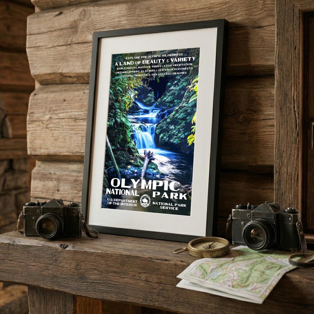 Yosemite National Park poster featuring Tunnel View, showcasing mountains, waterfalls, and vibrant blue sky.